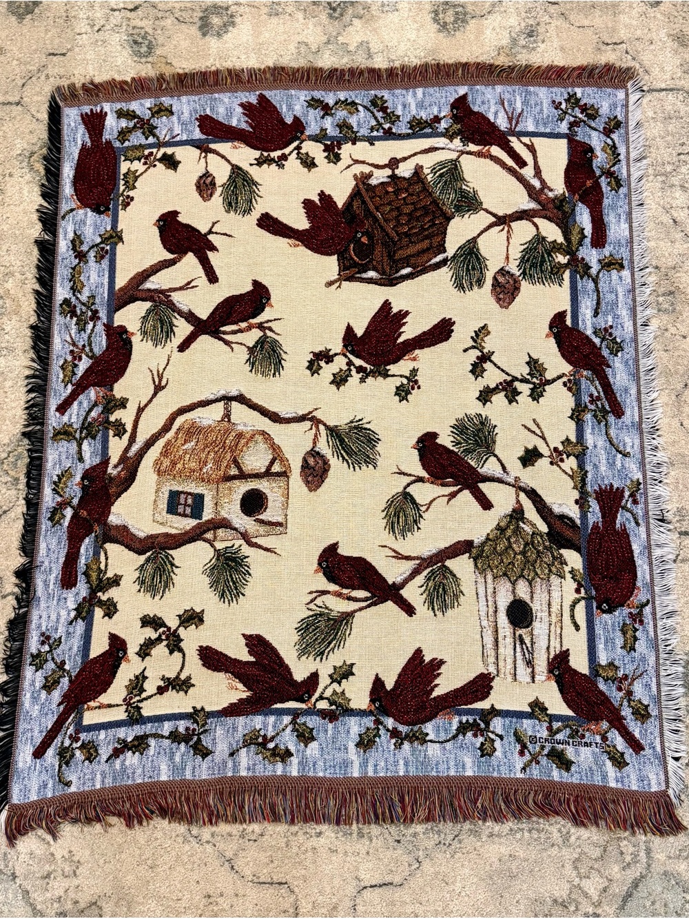 Crown Crafts Cardinal Bird House Tapestry Throw Blanket 100%Cotton